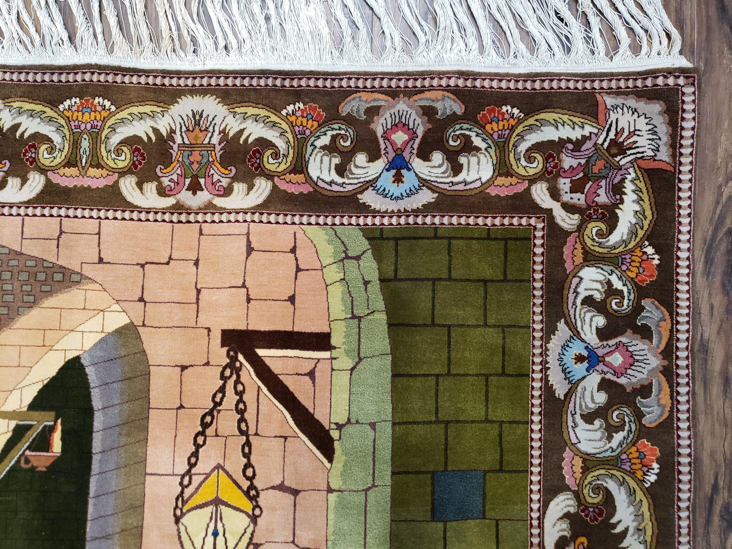 Semi Antique Persian Isfahan Pictorial Rug Handmade Wool Carpet 4x6 Decorative