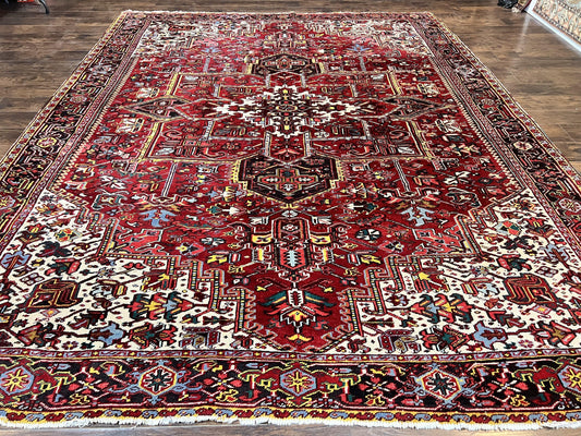 Persian Heriz Rug 10x13 Hand Knotted Wool Vintage Carpet With Geometric Medallion