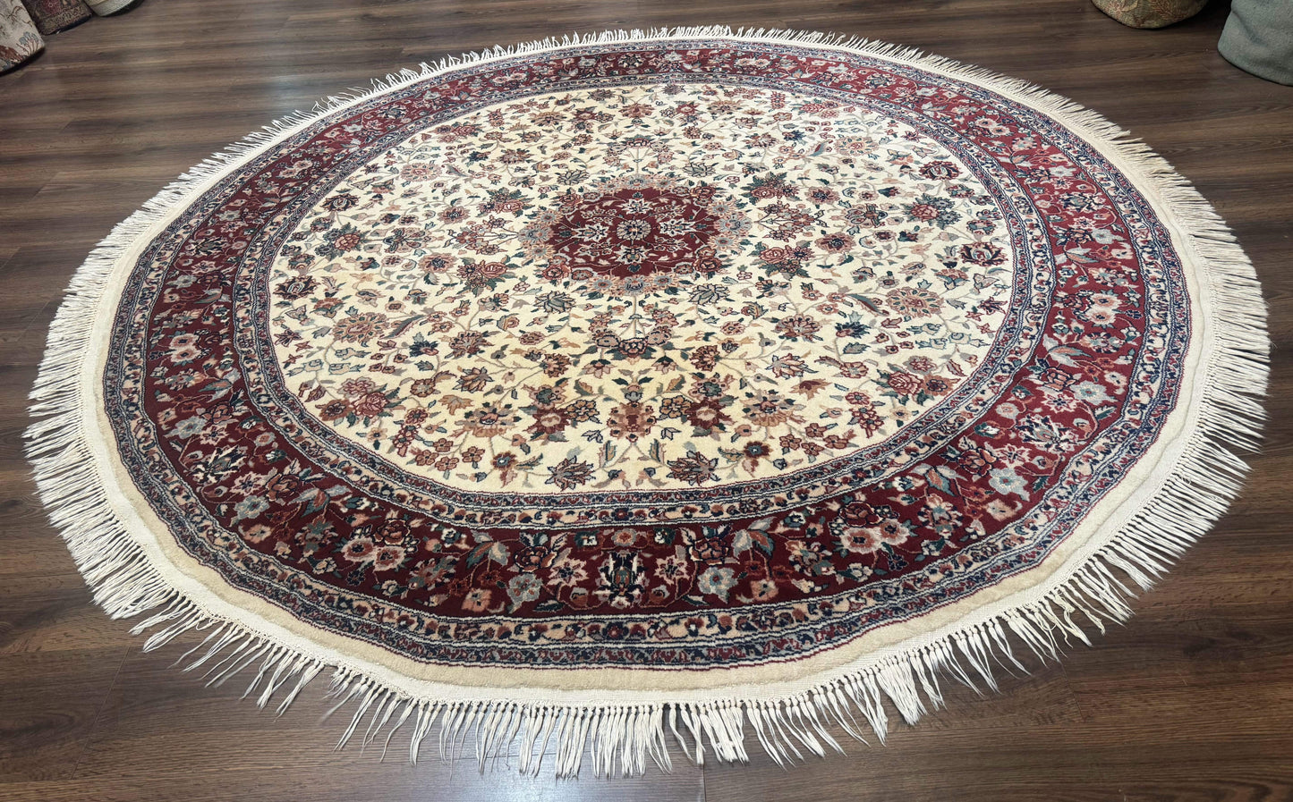 Sino Persian Round Rug 8x8 Wool And Silk Floral Medallion Ivory Red