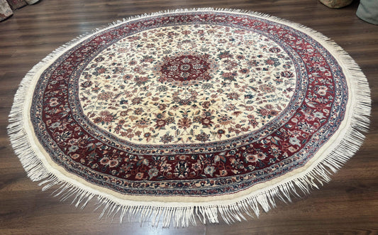 Sino Persian Round Rug 8x8 Wool And Silk Floral Medallion Ivory Red