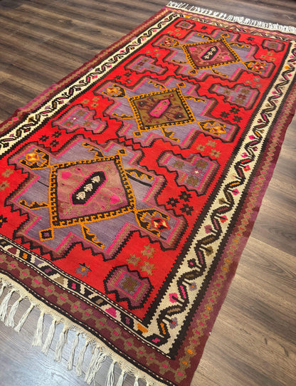 Persian Kurdish Zarand Kilim Rug 5x9 Runner With Red Field And Geometric Medallions