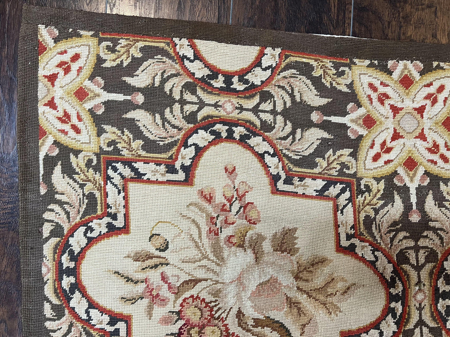 Needlepoint Runner Rug 9.8 Ft Handwoven Wool Floral Brown Beige European Design