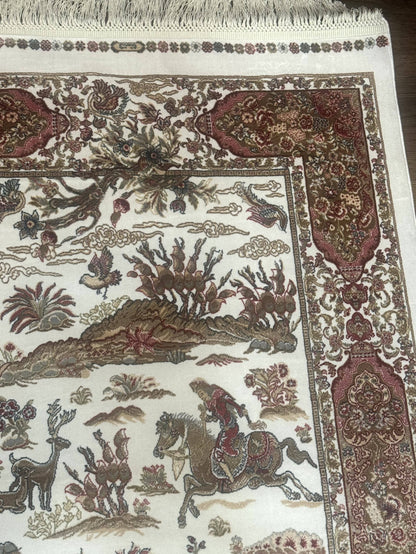 Turkish Silk Runner Rug 2.6x16.5 Ft Ivory Hunting Design Bamboo Silk New