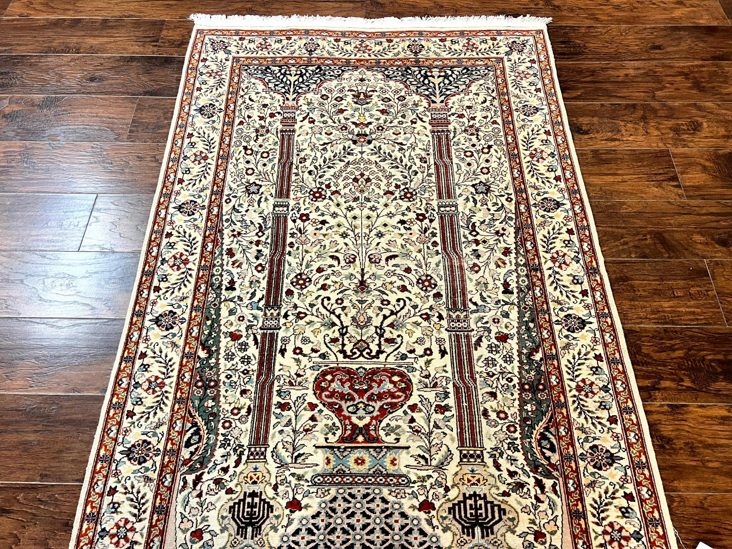 Persian Prayer Rug 4x6 Tree of Life Hand Knotted Wool Beige Vintage
