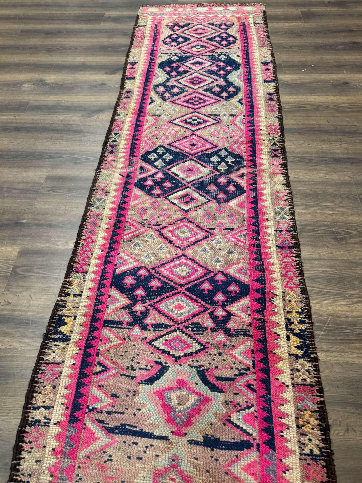 Turkish Runner Rug 3x10 Pink And Navy Blue Bohemian Hallway Kitchen Vintage Geometric Tribal