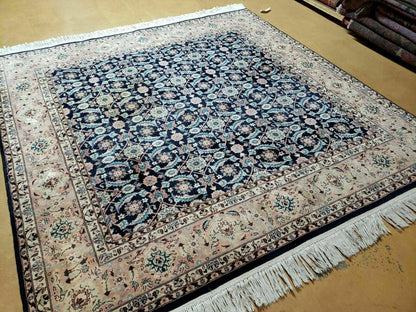 Handmade Wool Rug Floral Oriental Blue 73 Inch Square Carpet