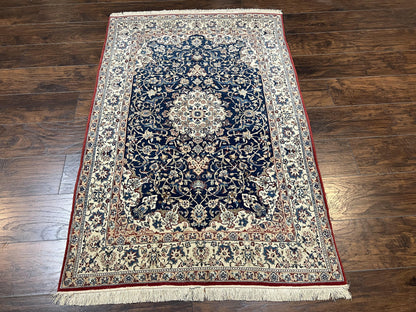Persian Nain Rug Super Fine Hand Knotted Wool Silk Accents Navy Blue Ivory 3.6 X 5.4