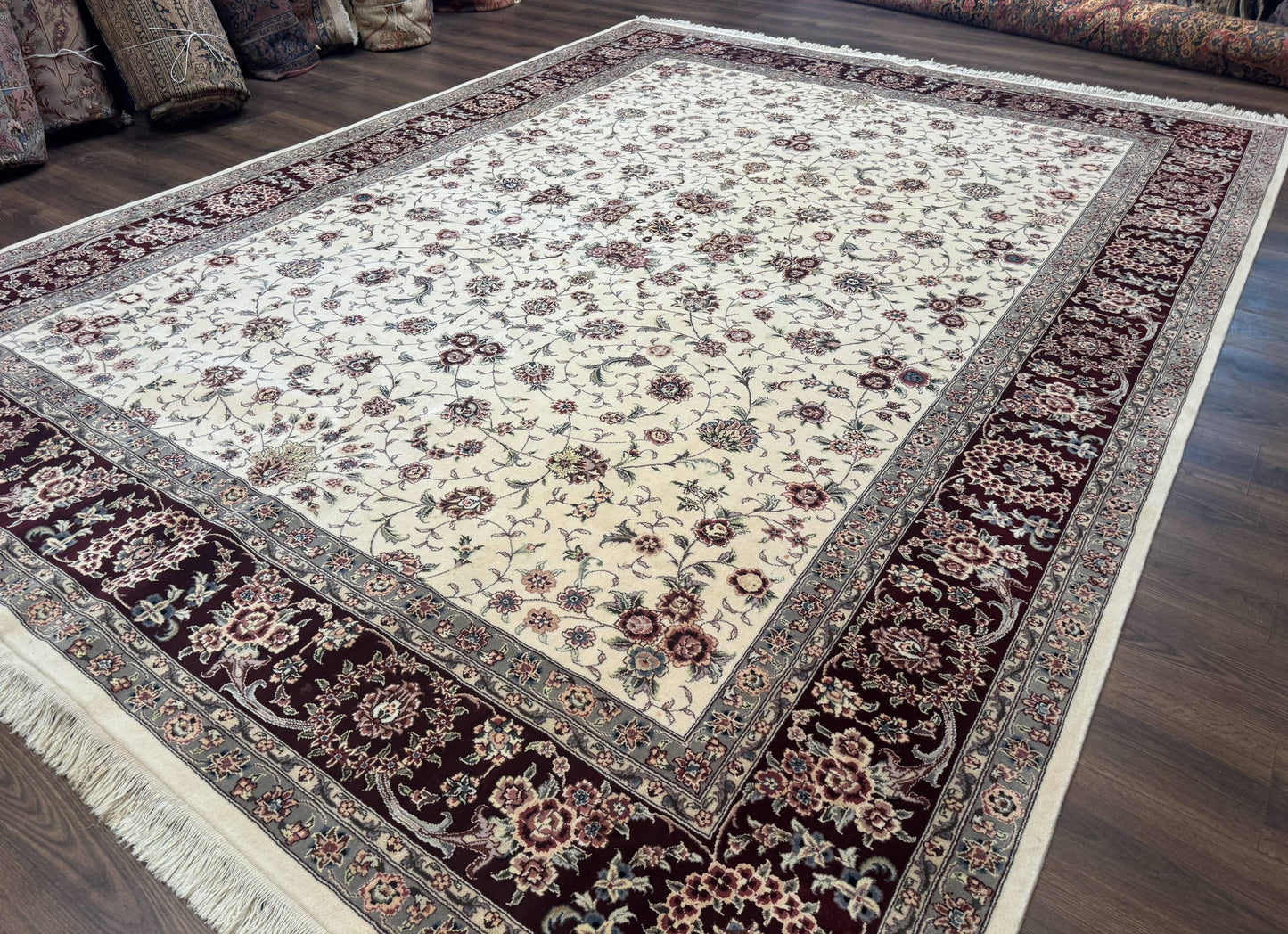Sino Persian Rug 9x12 Hand Knotted Wool Silk Highlights Floral Allover Ivory And Dark Maroon