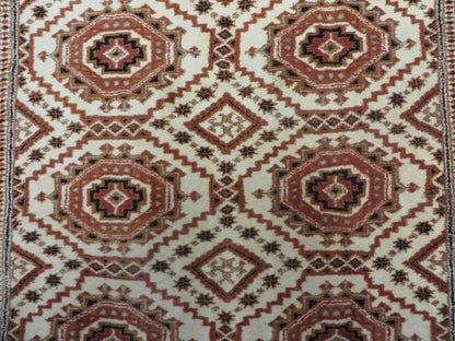 Vintage Turkoman Bokhara Wool Rug 4x7 Handmade Pakistani Ivory