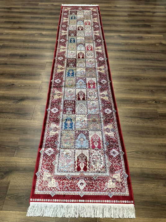 Turkish Silk Runner Rug 2.6 x 11.6 Ft Panel Design Dark Red Ivory Bamboo Silk