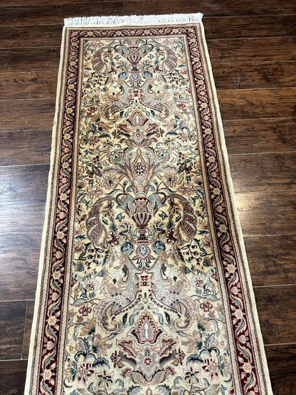 Pakistani Runner Rug 2.8 x 14 Handmade Wool Cream Floral Hallway Accent
