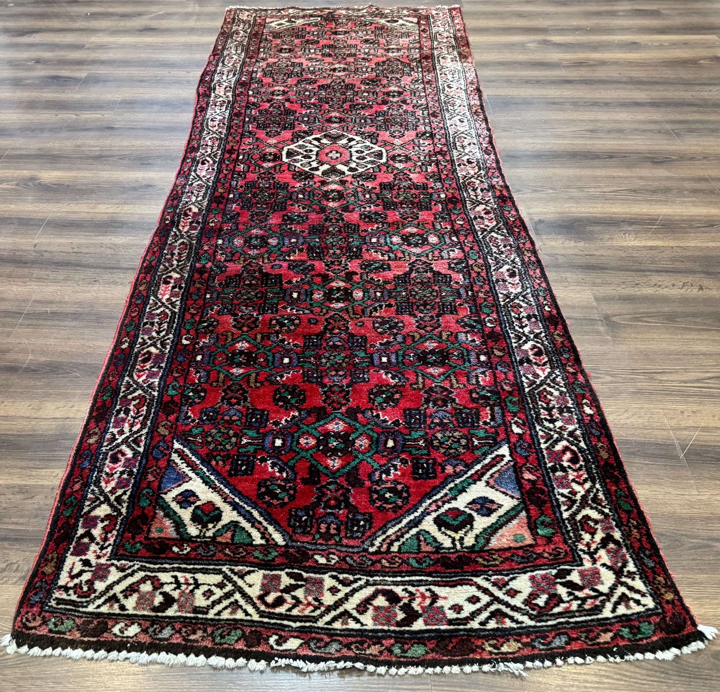 Persian Hamadan Runner Rug 3x10 Wool Hand Knotted Red And Ivory Hallway