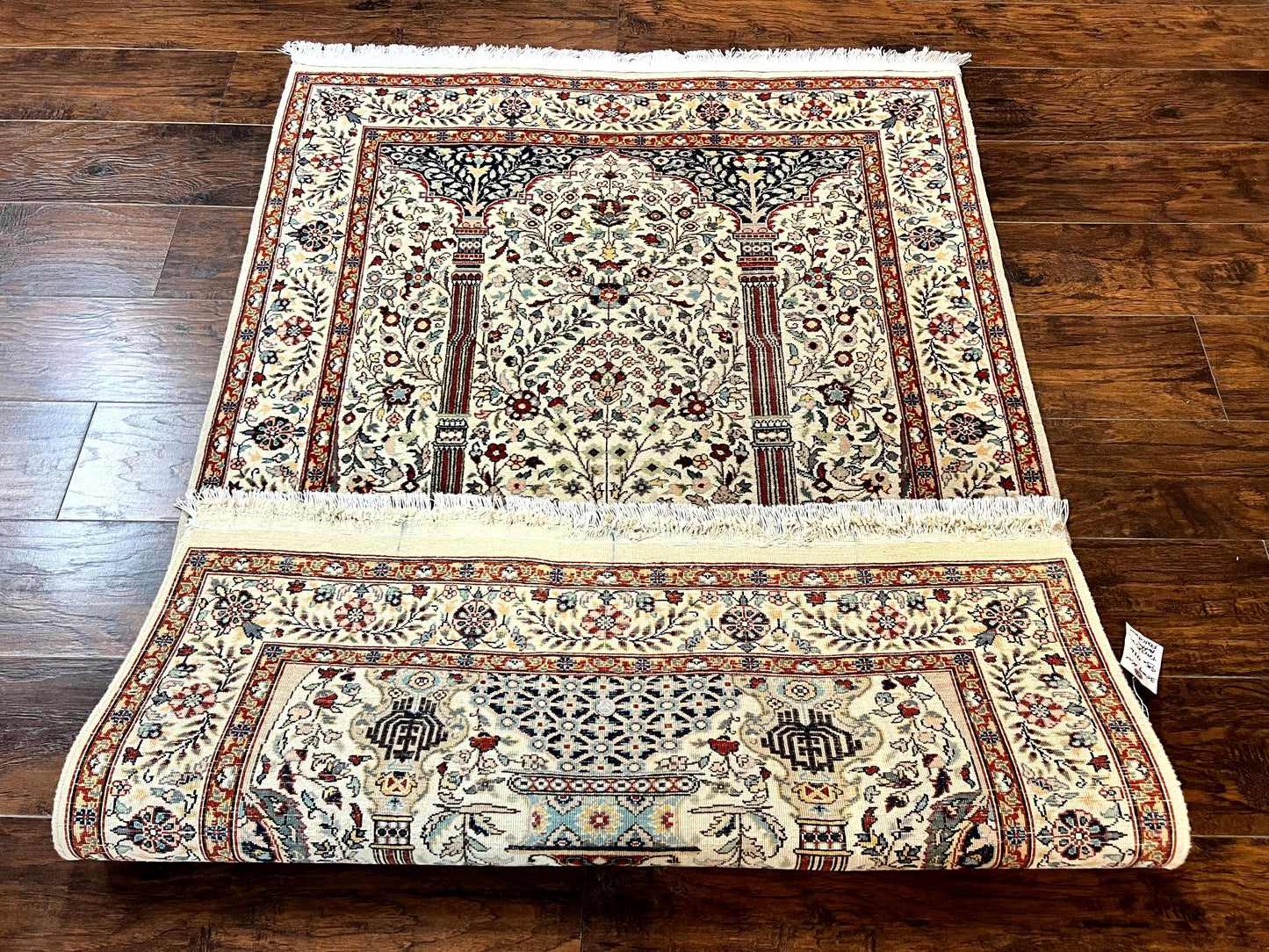 Persian Prayer Rug 4x6 Tree of Life Hand Knotted Wool Beige Vintage