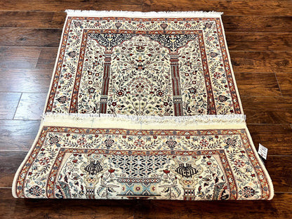 Persian Prayer Rug 4x6 Tree of Life Hand Knotted Wool Beige Vintage