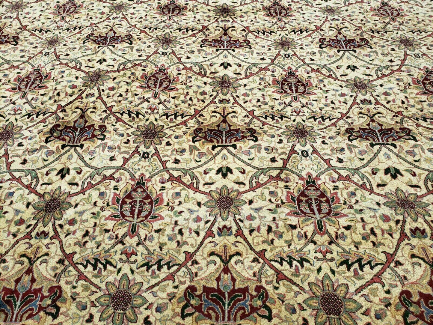 Vintage Indian Agra Hand Knotted Wool Rug 12x18 Organic Dyes Floral Pattern