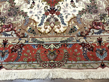 Persian Tabriz Rug 5x7 Ivory and Coral Medallion Fine 440 KPSI