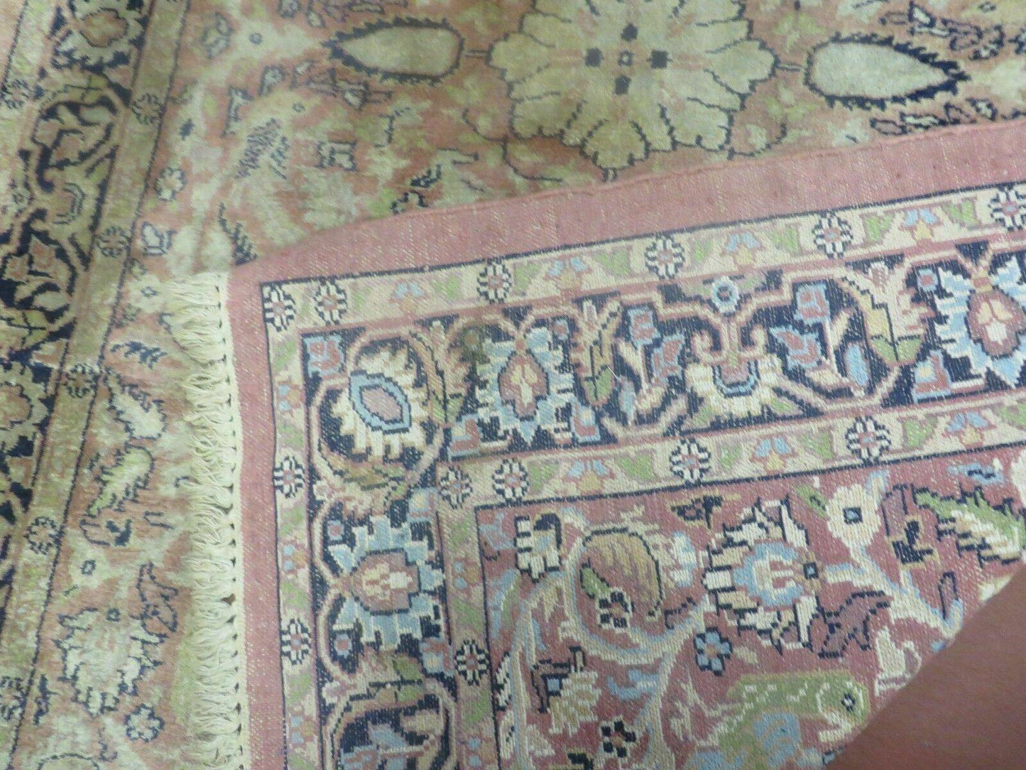 Kashmiri Silk Rug 4x6 Vintage Hand Knotted Floral Bird Motifs In Pink And Navy