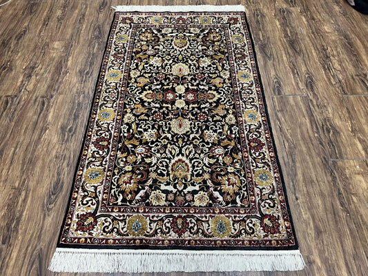 Sino Persian Silk Rug 3x5 Vintage Hand Knotted Carpet Black Ivory Gold With Floral And Animal Motifs