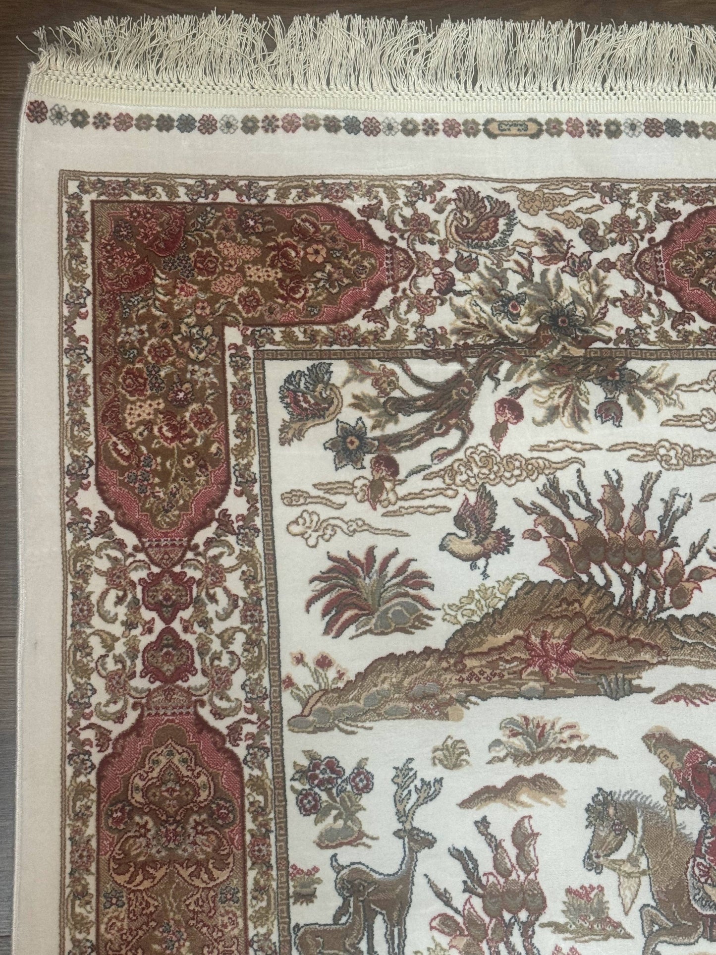 Turkish Silk Runner Rug 2.6x16.5 Ft Ivory Hunting Design Bamboo Silk New