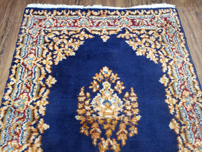 Semi Antique Dark Blue Persian Kerman Runner Hand Knotted Wool Open Field Medallion