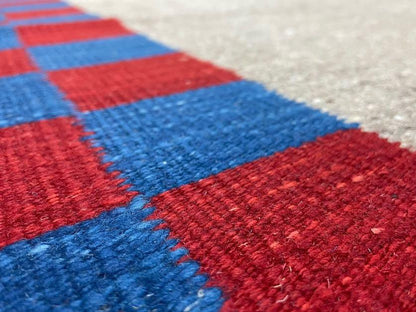 Turkish Kilim Rug Hand Knotted Wool Geometric Gray Blue Red Border 5 Ft 7 In By 7 Ft 7 In