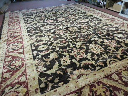 Vintage Indian Agra Hand Knotted Wool Rug 11x15 Floral Dark Brown