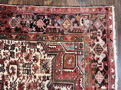 Persian Heriz Rug 10x13 Handmade Wool Hand Knotted Red Cream Geometric Tribal Semi Antique Carpet