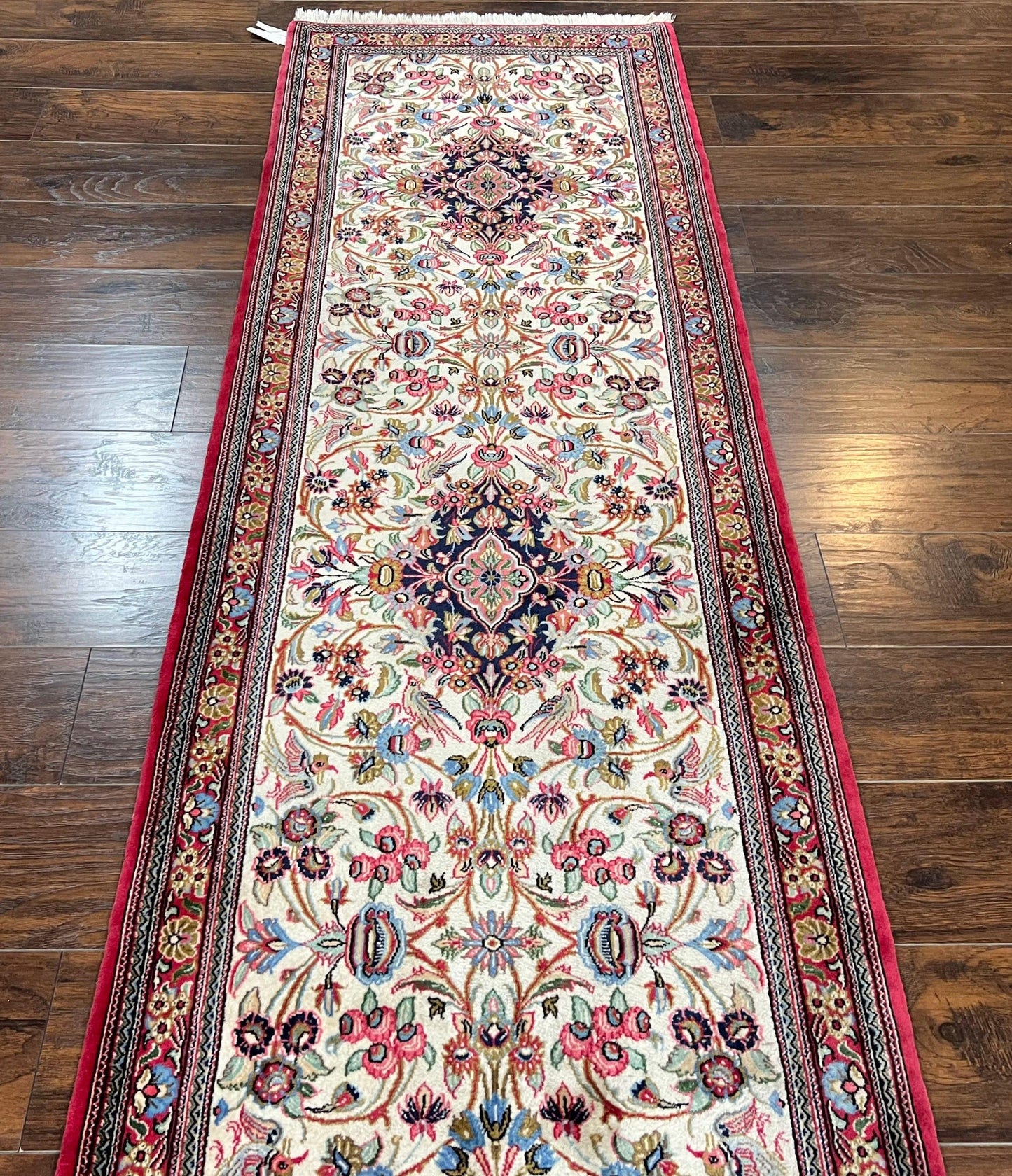 Persian Qum Runner Rug 2.8 x 10 Feet Hand Knotted Wool Floral Medallions With Birds