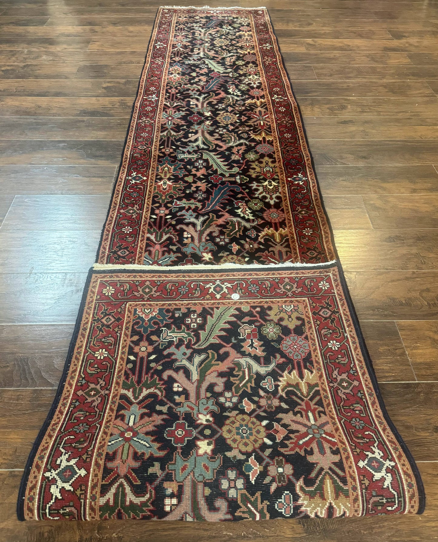 Indo Persian Runner Rug Wool 2.7 X 13 Navy Blue Red Floral Allover