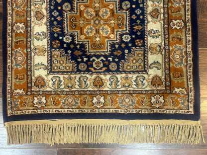 Indo Persian Kashmiri Wool Runner Rug 2.6x12.7 Navy Blue Geometric Medallions Handmade