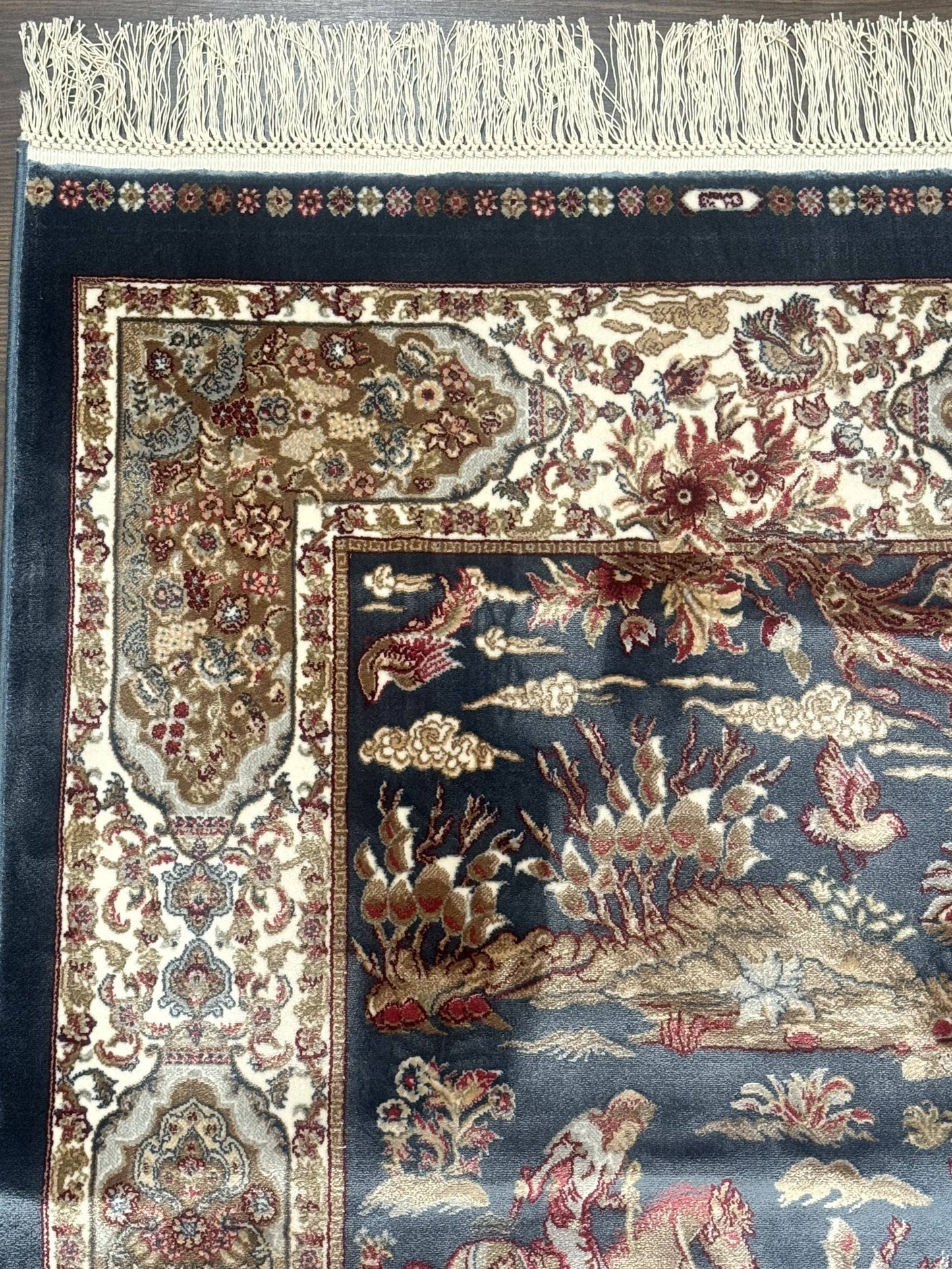 Turkish Silk Rug Runner 2.6 by 6.7 Blue Ivory Bamboo Silk Contemporary Design