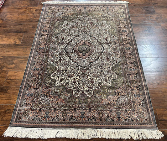 Sino Persian Silk Rug 4x6 Hand Knotted Floral Medallion Ivory Vintage Carpet