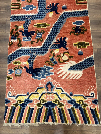 Ningxia Pillar Rug Hand Knotted Wool Carpet Five Clawed Dragon Border Late Qing Dynasty 3x8 Collectible
