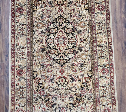 Hand Knotted Silk Oriental Rug 1 Foot 7 Inch By 3 Foot Floral Medallion Vintage Cream Beige