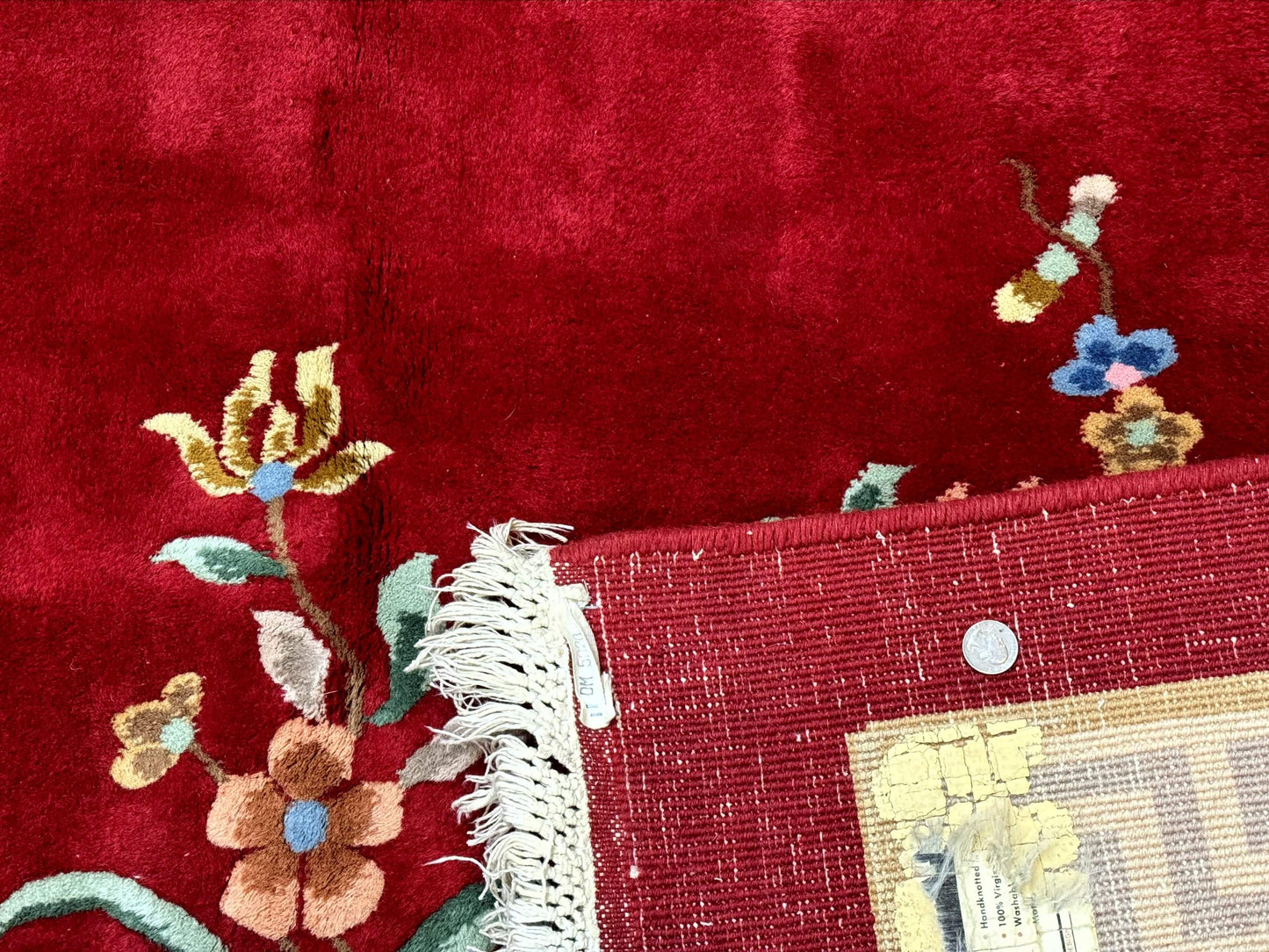 Indo Chinese Wool Rug 9x12 Vintage Red Art Deco Hand Knotted