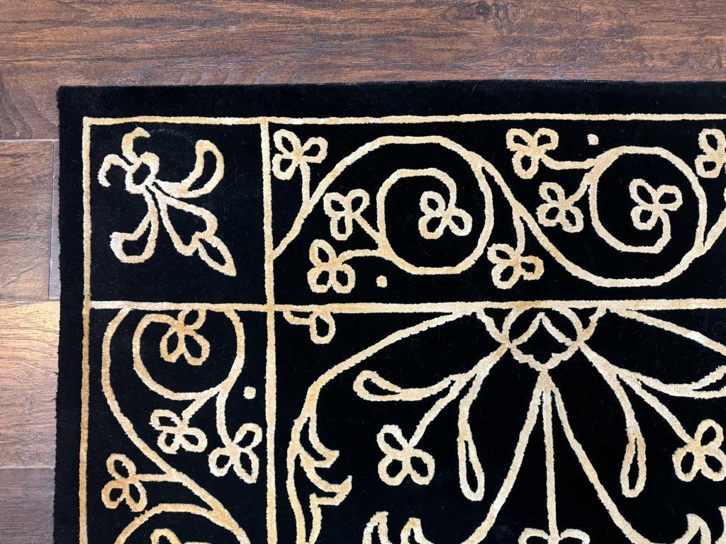 Tibetan Rug 8x10 Wool Silk Handmade With Raised Pattern Black And Gold Floral