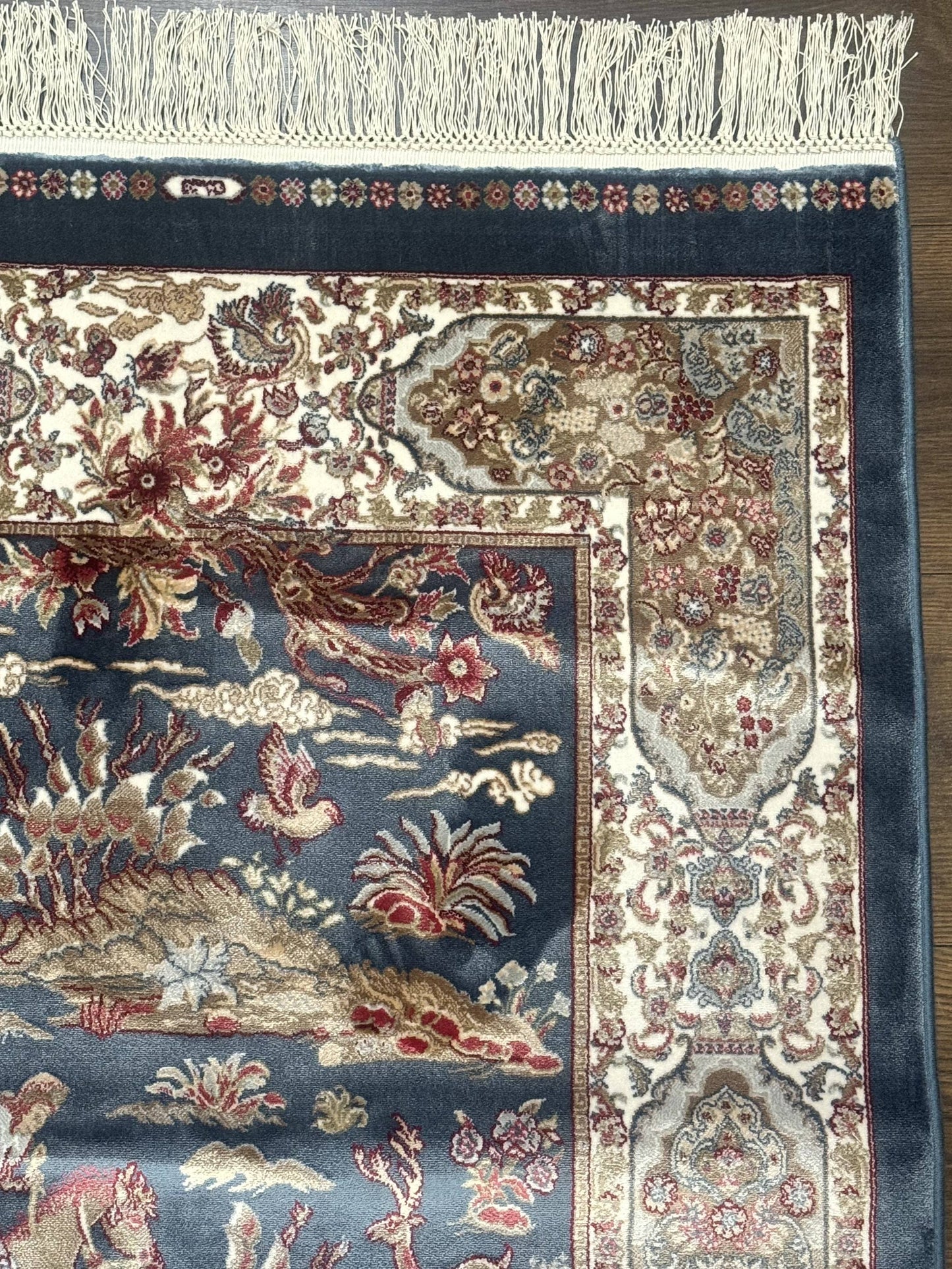 Turkish Silk Rug Runner 2.6 by 6.7 Blue Ivory Bamboo Silk Contemporary Design