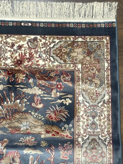 Turkish Silk Rug Runner 2.6 by 6.7 Blue Ivory Bamboo Silk Contemporary Design