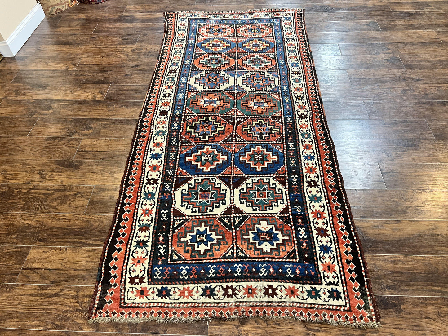 Antique Caucasian Kazak Runner Rug 4 X 9.5 Handmade Wool Hallway Carpet