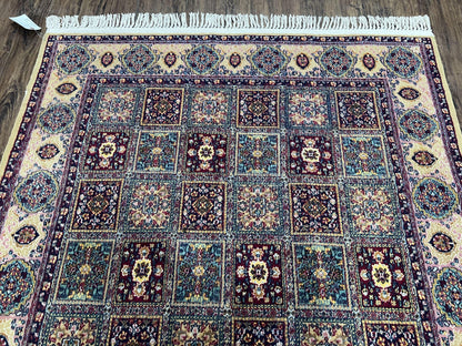 Indo Persian Silk Rug 4x6 Hand Knotted Panel Design Vintage Oriental Carpet