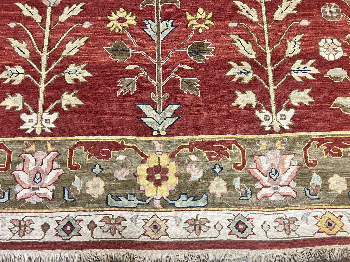 Wool Hand Knotted Indian Rug 10x14 Tree of Life Red Green Contemporary Carpet