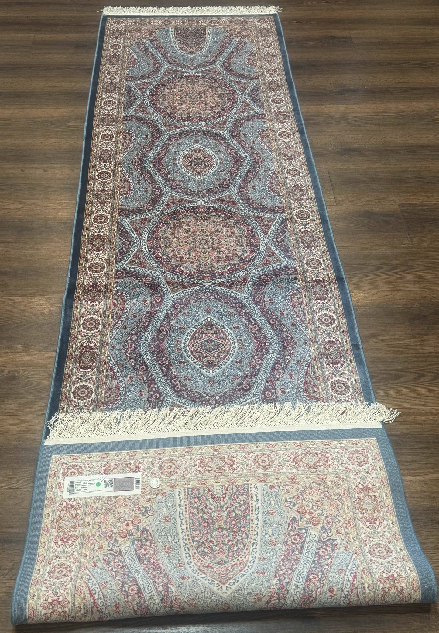 Turkish Silk Runner Rug 2.6 By 10 Feet Bamboo Silk Hereke Contemporary Light Blue