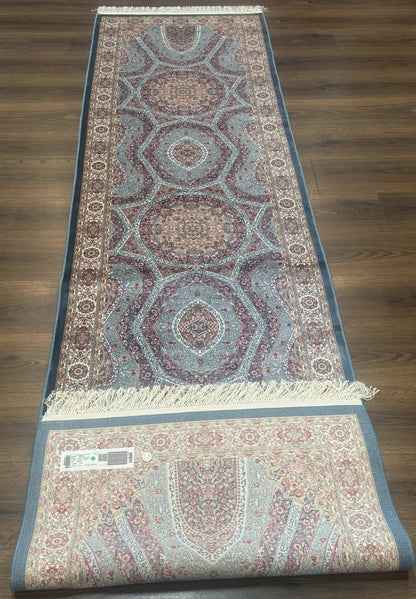 Turkish Silk Runner Rug 2.6 By 10 Feet Bamboo Silk Hereke Contemporary Light Blue