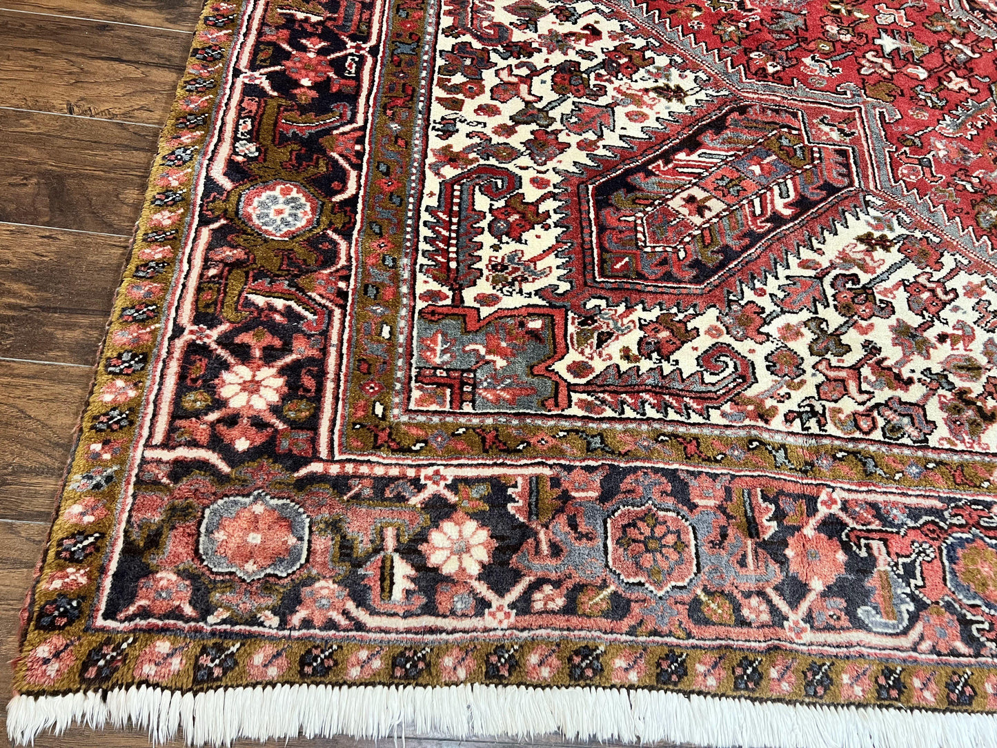 Persian Heriz Rug 10x13 Wool Hand Knotted Antique Carpet Red Ivory Geometric Tribal