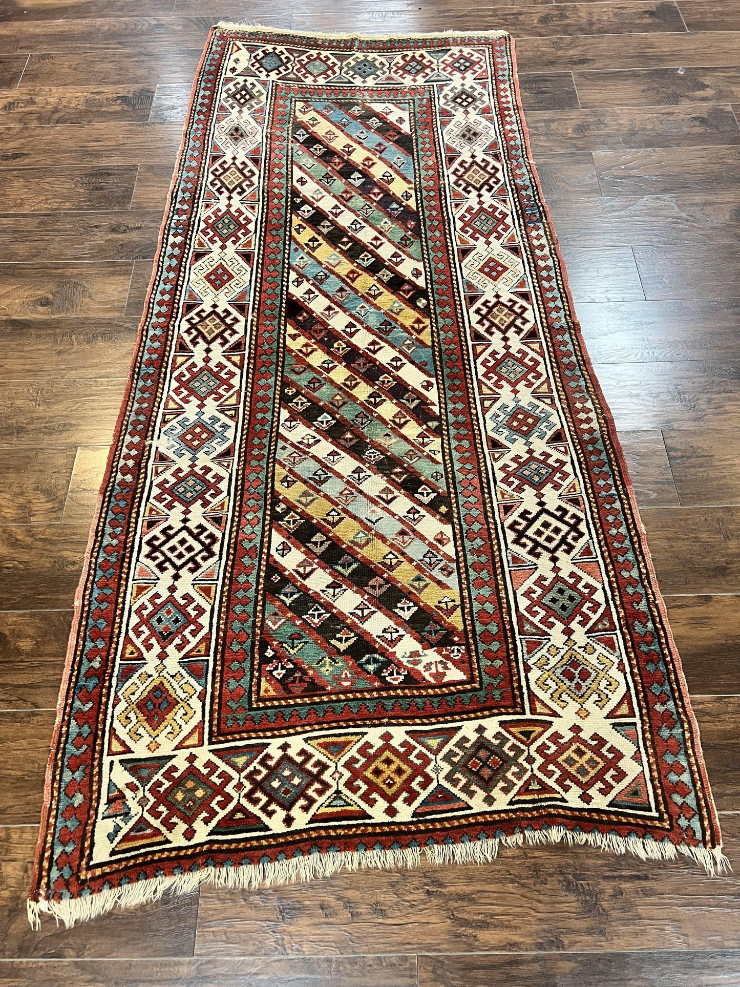 Caucasian Kazak Runner Rug Hand Knotted Wool Antique 1880s Ivory And Multicolor Striped Hallway Rug