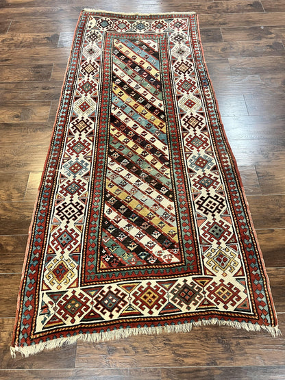 Caucasian Kazak Runner Rug Hand Knotted Wool Antique 1880s Ivory And Multicolor Striped Hallway Rug