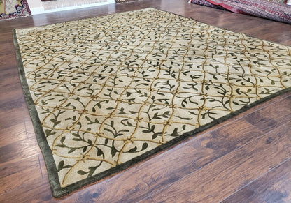 Vintage Tibetan Area Rug 9x12 Hand Knotted Wool Nepali Beige Soft Pile For Living Room