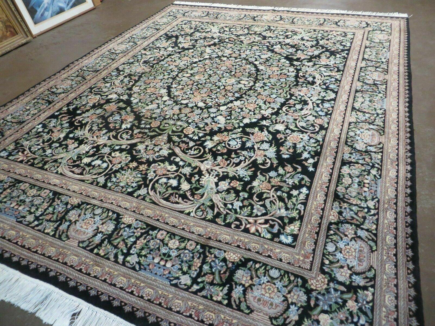 Vintage Handmade Pakistani Floral Wool Rug 8x10 Black Full Pile