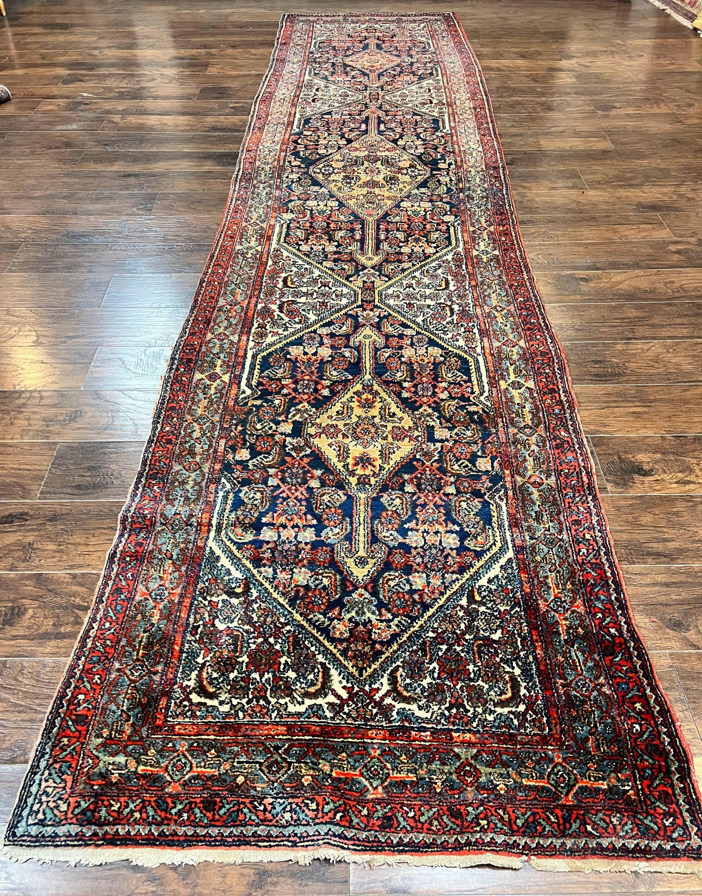 Persian Runner Rug Antique Hand Knotted Wool Geometric Medallions Hallway Decor