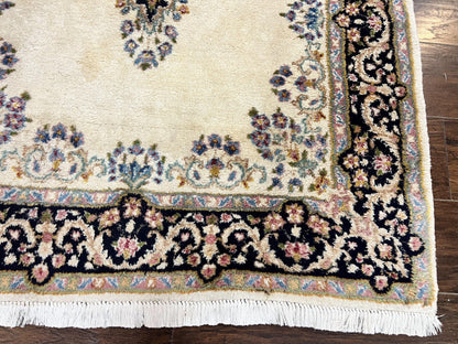 Persian Kirman Rug 4x7 Hand Knotted Wool Antique Carpet Beige Medallion Design